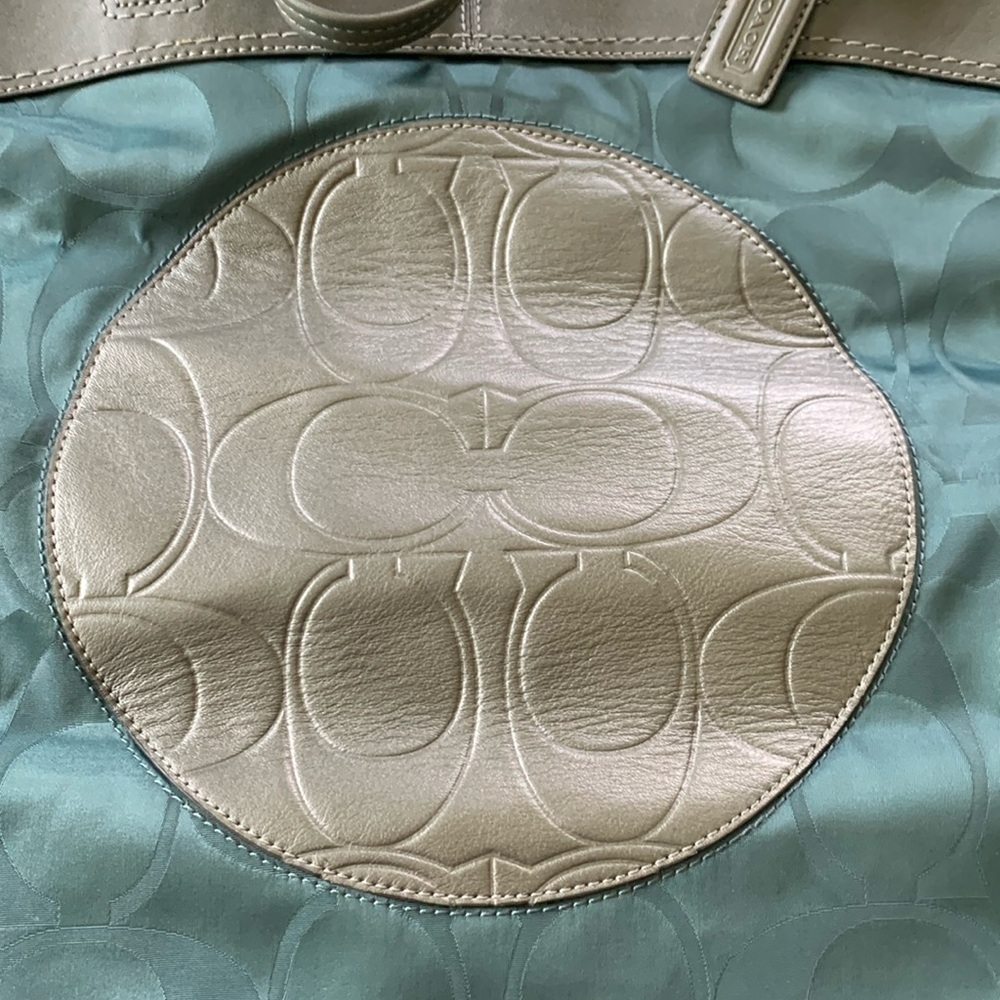 Teal green and gray Coach large tote